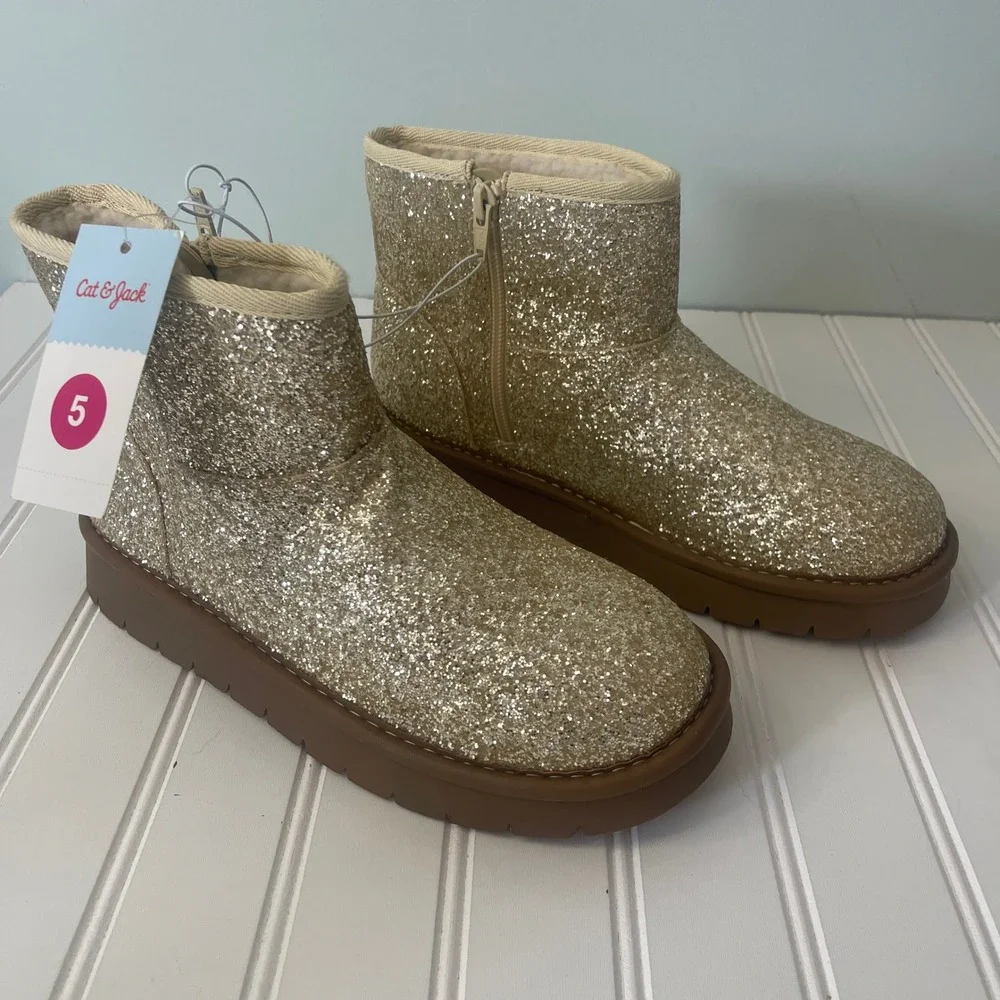 NWT Cat Jack Kids Gold Glitter Faux Fur Lined Ankle Boots Size 5 Zip Up Sparkle